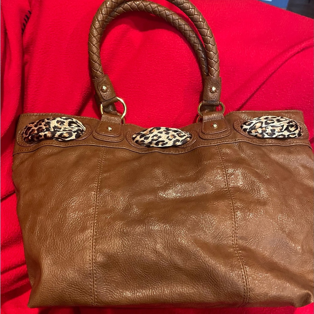 Aldo Brown Leather Tote with Leopard Print Scarf NWOT - Picture 2 of 9